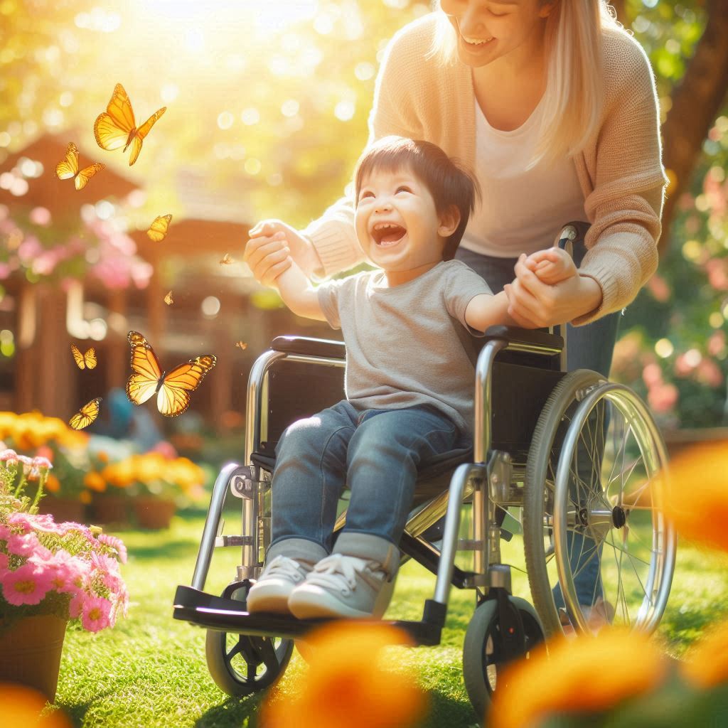 a smiling child in a wheelchair with its parent